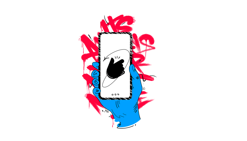A hand holding a smart phone showing the Works logo