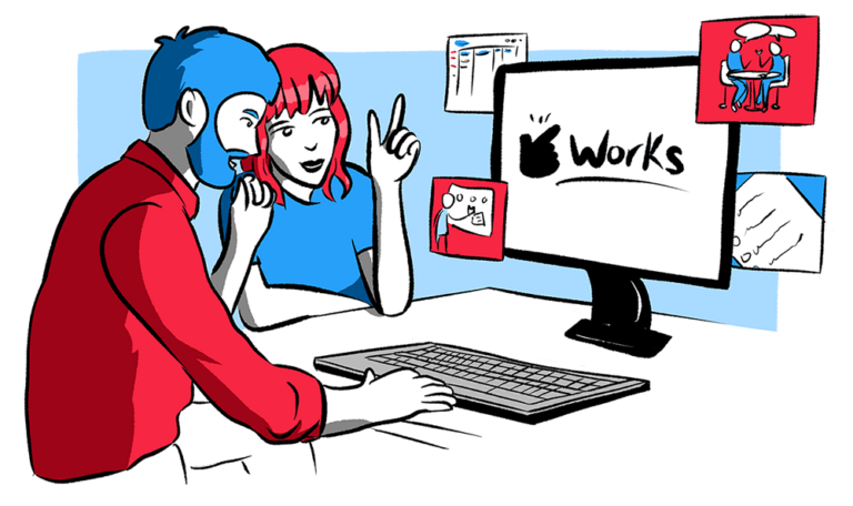 Two people browsing the Works website on their computer